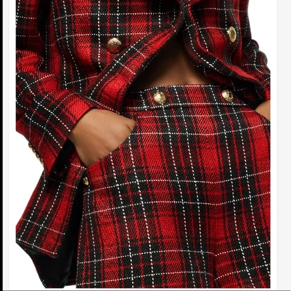 Zara Red Plaid Wool Blend Gold metallic Buttoned Shorts
